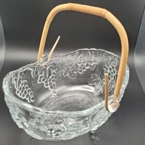 Vintage Aderia Clear Glass Basket With Fruit Grapes Wooden Handle Made In Japan
